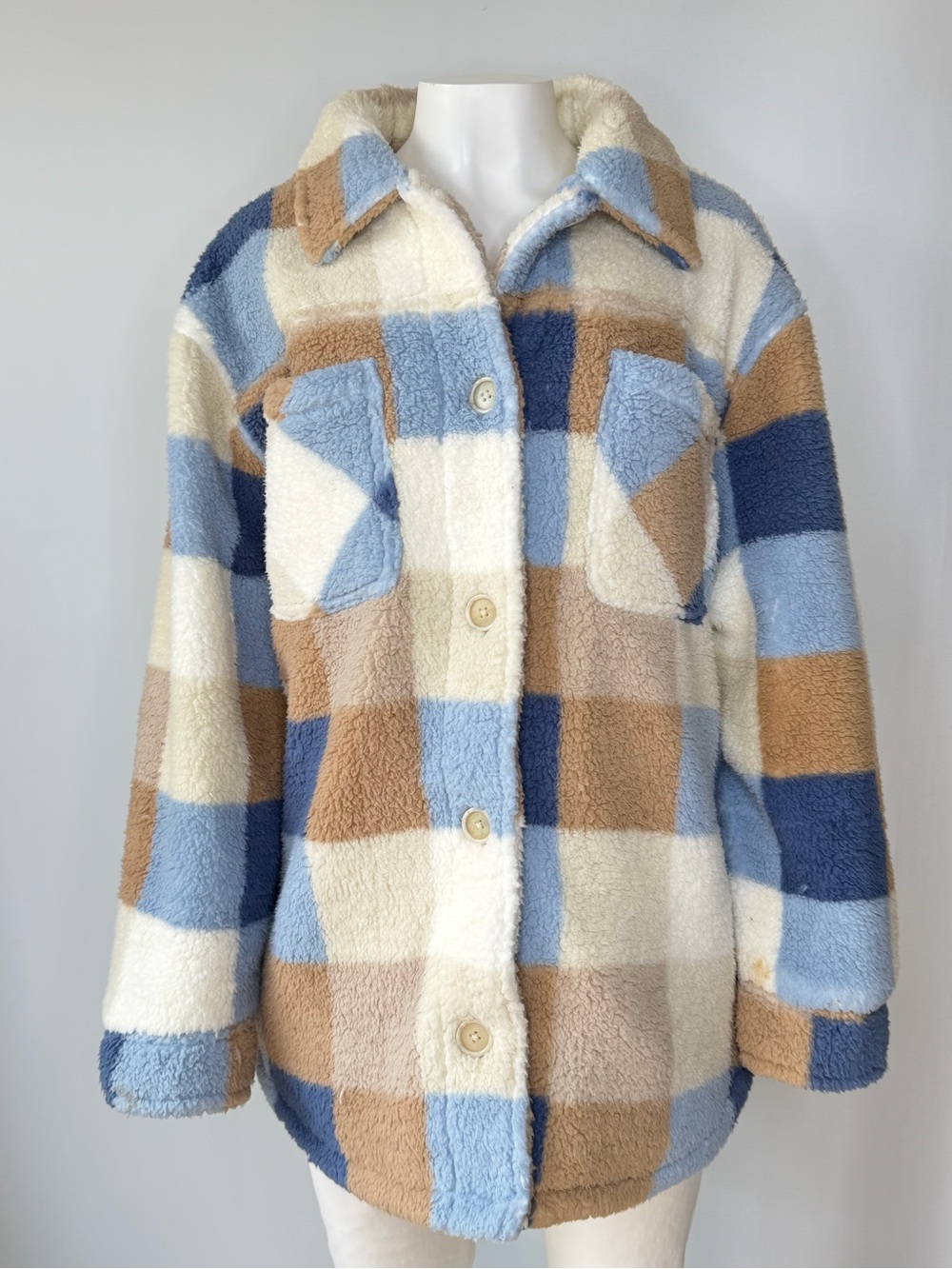 O’Neill Women’s Sherpa Plaid Shacket Jacket Blue Tan Cream Size Large L